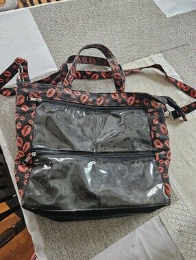 Women's Black Tote Bag with Red Lip Print - Clear Front Pockets
